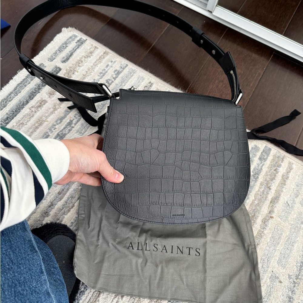 All Saints Gray Croc-Embossed Crossbody Bag
